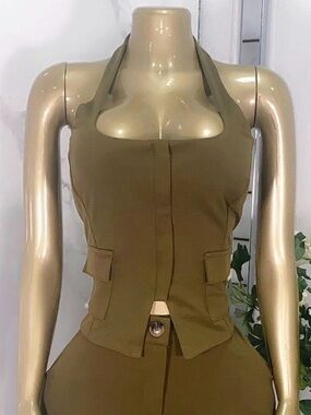 SLANE Olive Halter Sculpted Skinny Jumpsuit